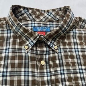 Puritan Button Down Long Sleeve Dress Shirt in 2XL in Brown Plaid Cotton Blend